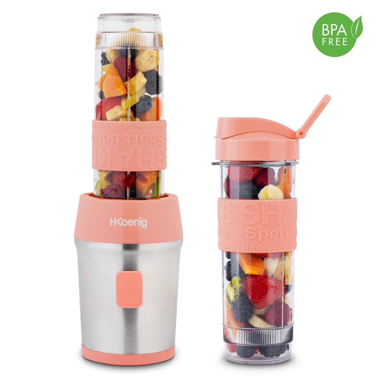 H.Koenig Mini Blender Rosa, Edelstahlklingen & 570ml Flaschen